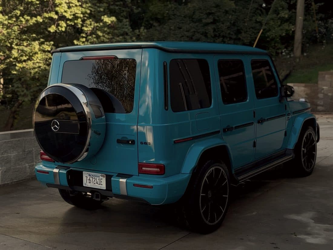 China blue Mercedes G63 from the rear quarter