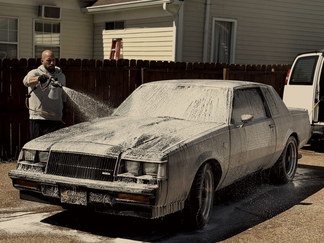 Buick Grand National covered in foam while the detailer rinses it down