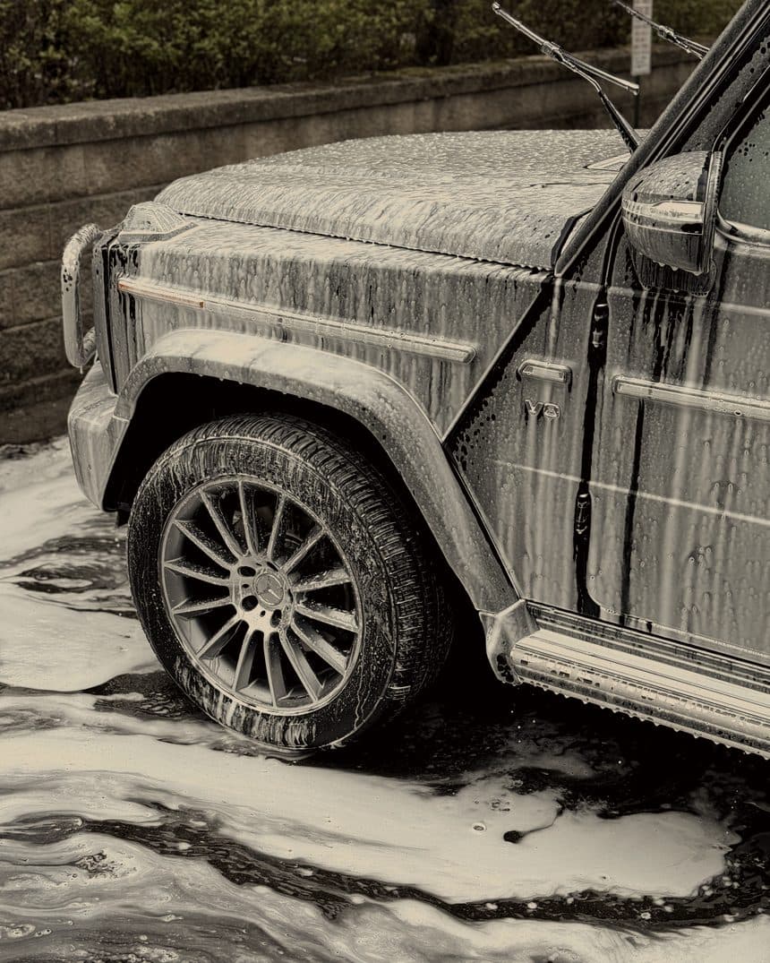 Foam covering the side and wheel of a Mercedes G-Wagon