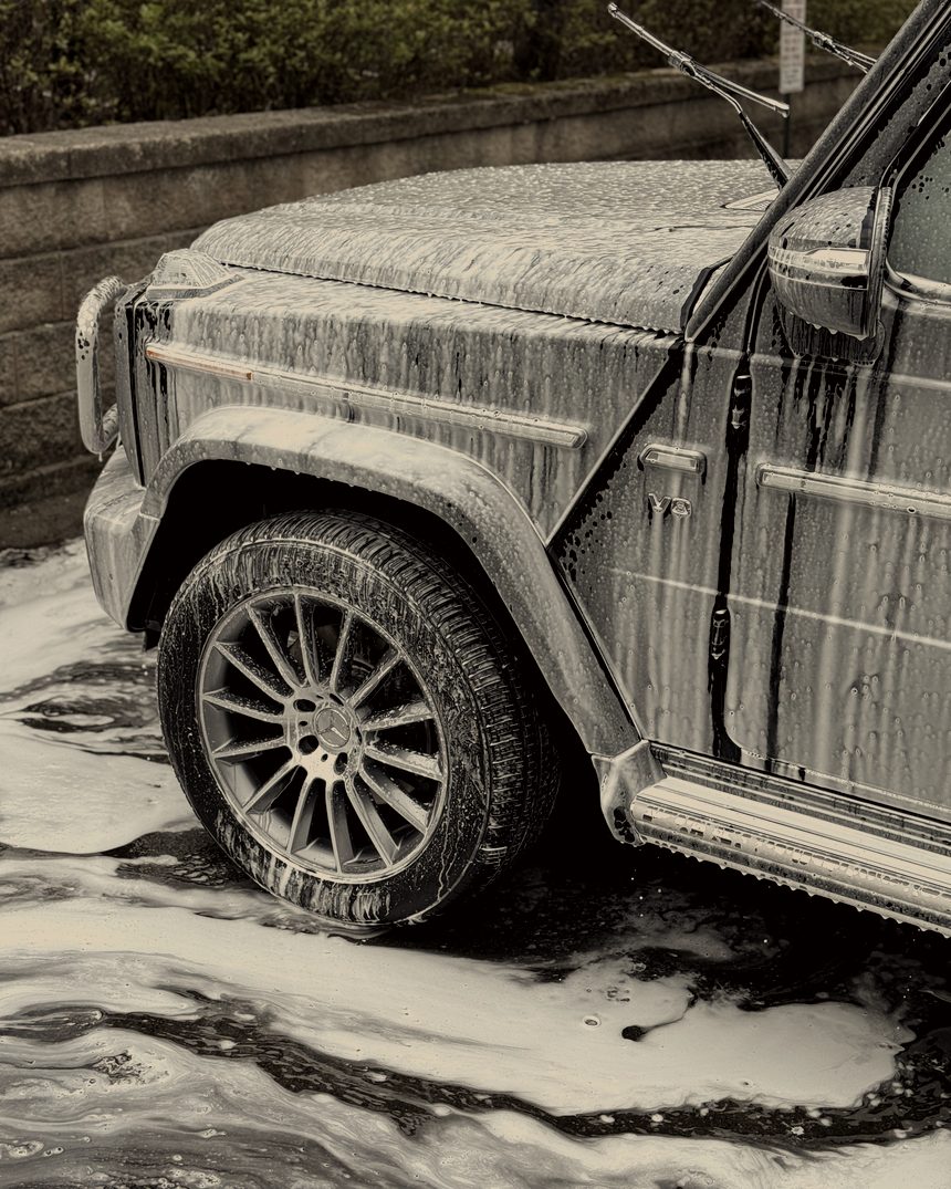 Foam covering the side and wheel of a Mercedes G-Wagon